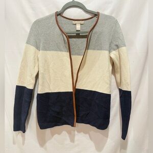 Banana Republic Colorblock Open Cardigan in Gray, Cream & Navy with Brown Trim